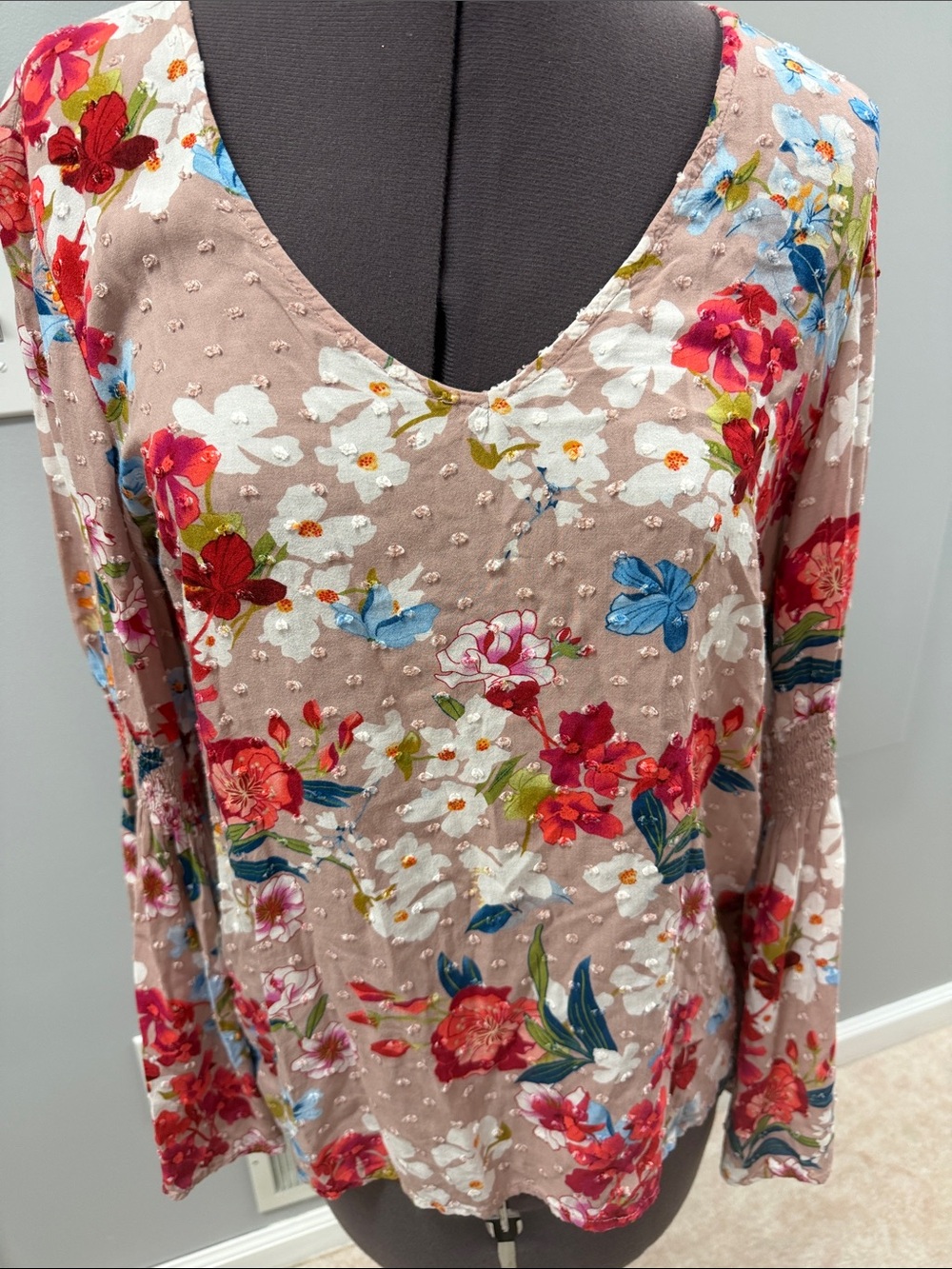 Cupio Floral V-Neck Long Sleeve Top in Blush with Multi-Color Flowers